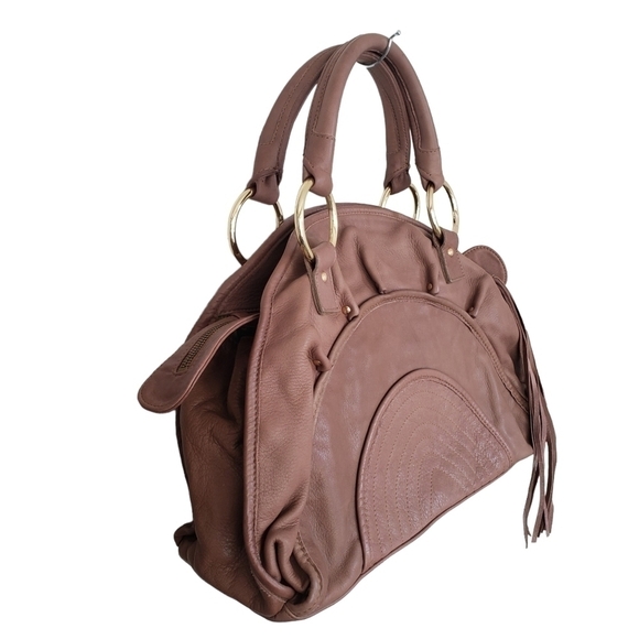 Bulga Beige Leather Large Boho Handbag Fringed Pleated Studded Details - Picture 3 of 12